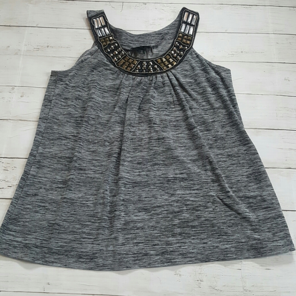 BCX beaded neckline sleeveless top gray space dye